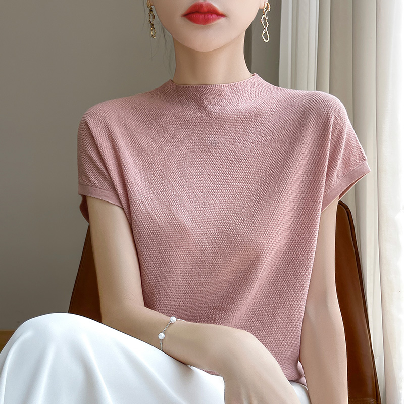 品牌2025夏季冰丝针织衫女士透气时尚百搭纯色休闲半高领薄款上衣