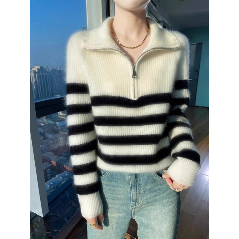 网红白色条纹半拉链高领毛衣女秋冬季加厚软糯慵懒风打底针织上衣