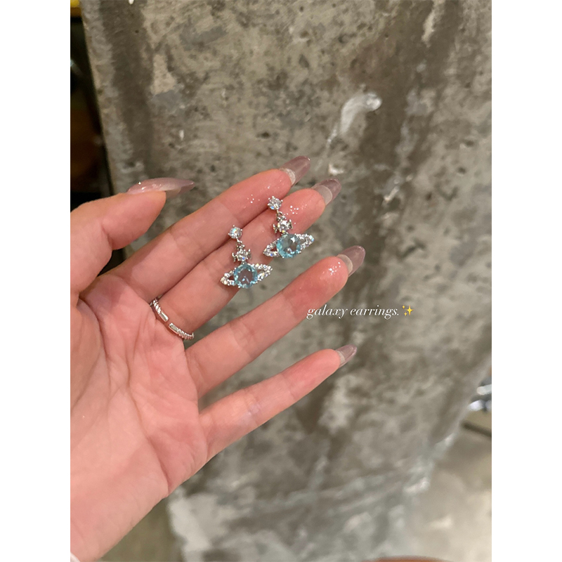铜合金合成锆石耳饰 锆石蓝色星球耳环独特绝美2025新款银针耳饰