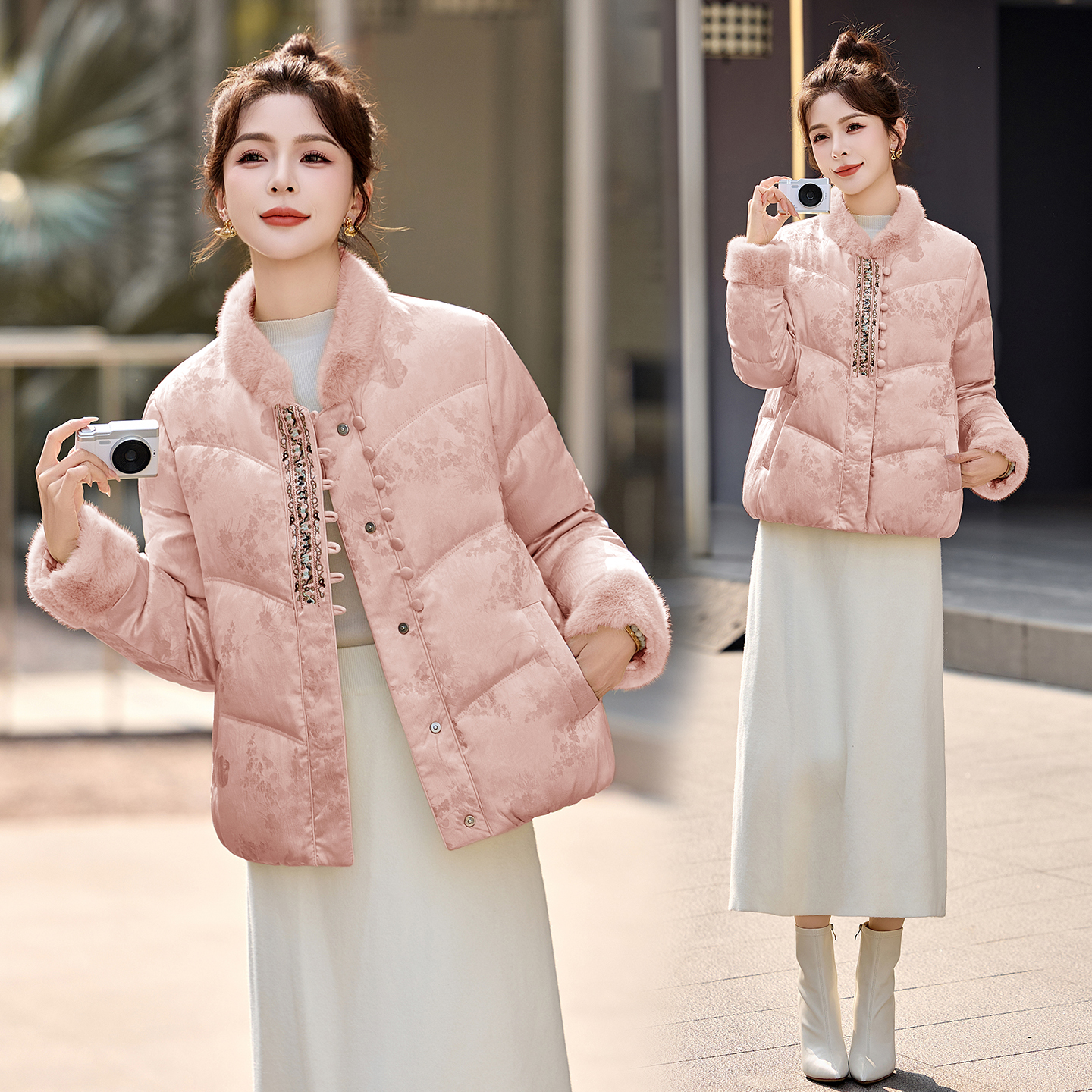 新中式国风刺绣提花羽绒服女2025冬季新款毛绒拼接短款白鸭绒外套