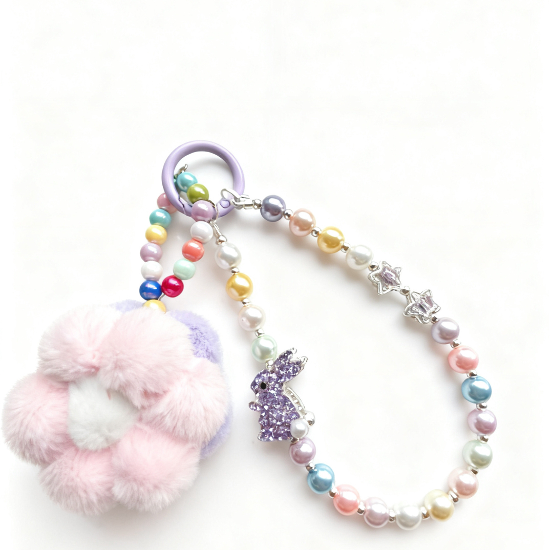 精致彩色珍珠带贴钻兔子手机链#手机链