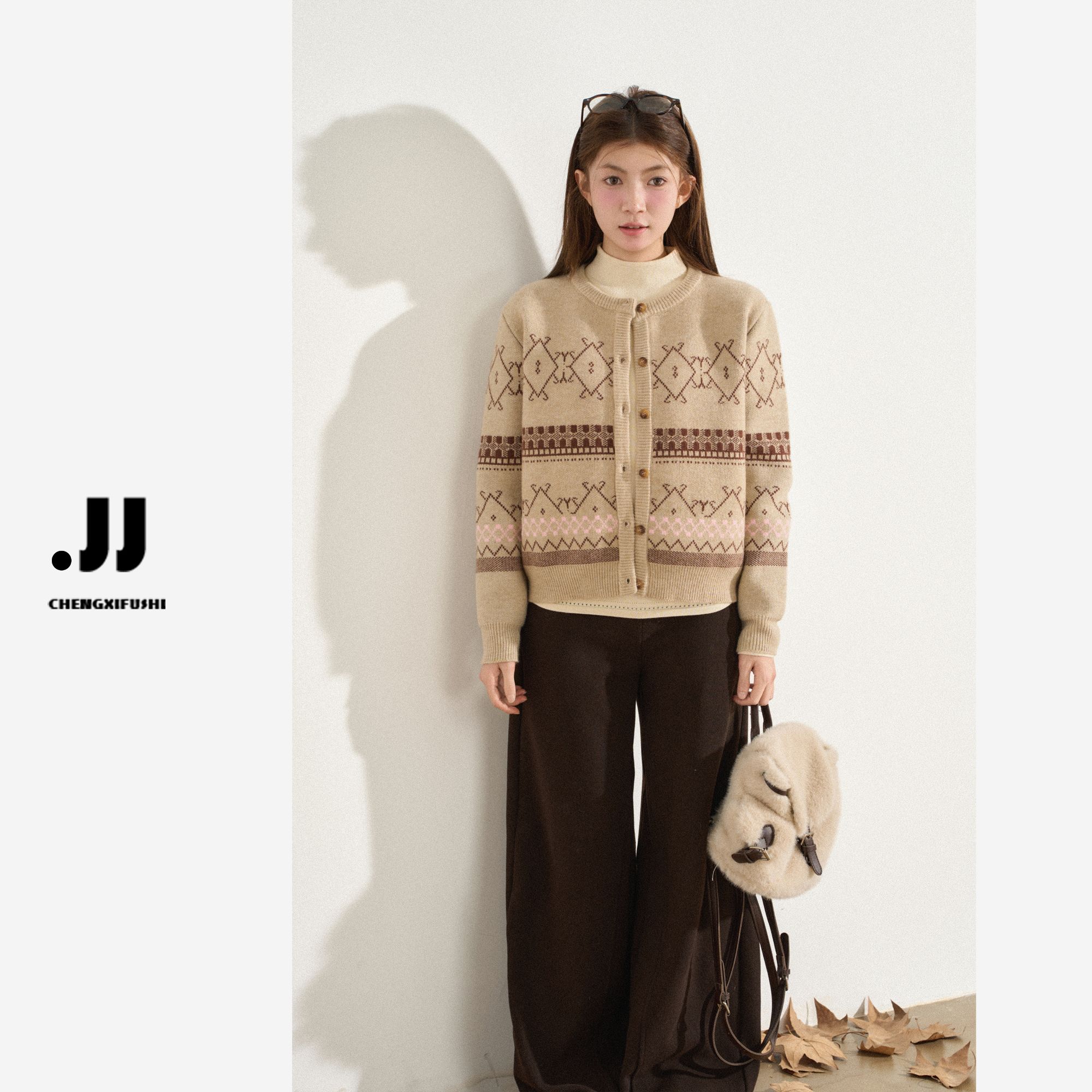 H1726【荒漠岐然】秋冬新款费尔岛文艺悄然感高级毛针织开衫上衣女