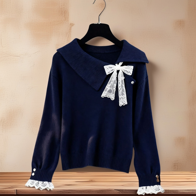 秋季新款女士法式风情浅蓝色蕾丝拼接翻领长袖针织套头短款气质上