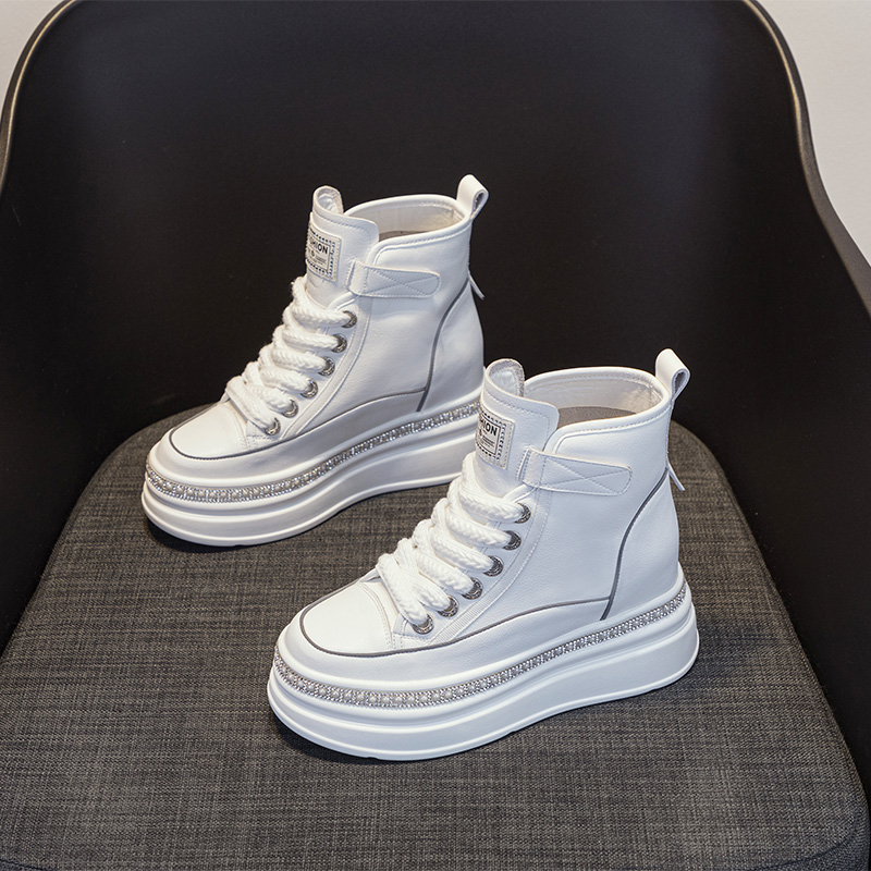 万达撤柜头层牛皮8公分头层牛皮高帮鞋女内增高百搭小个子小白鞋i