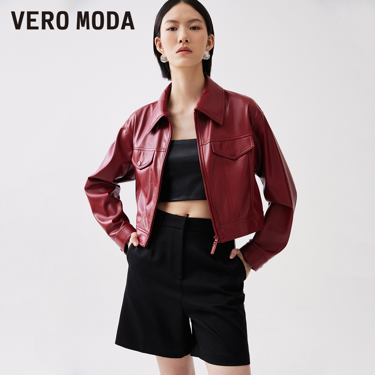 Vero Moda外套2025秋季PU短款长袖翻领纯色上衣老钱风松弛感女装