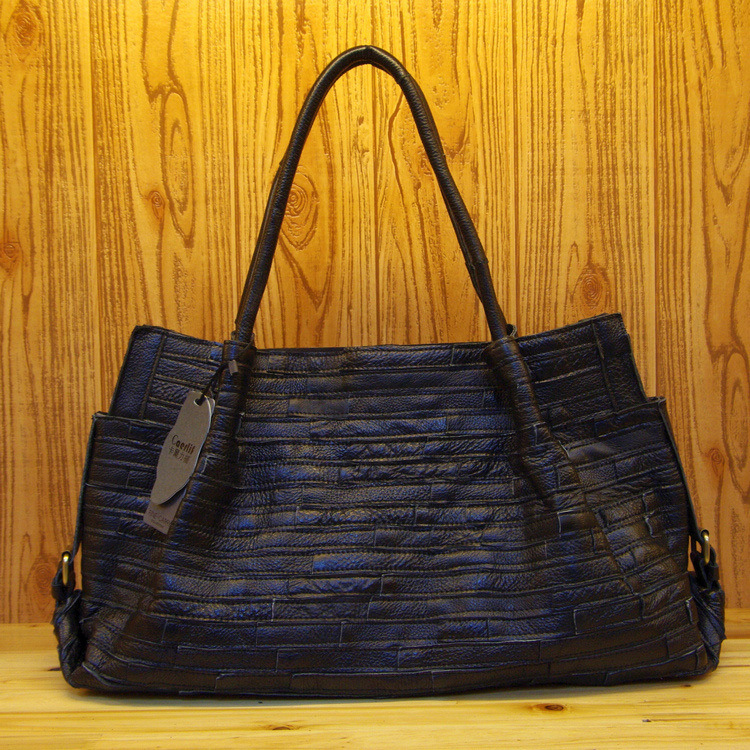 休闲时尚新款拼接包手拎包百搭女包斜挎大包单肩头层牛皮真皮条纹