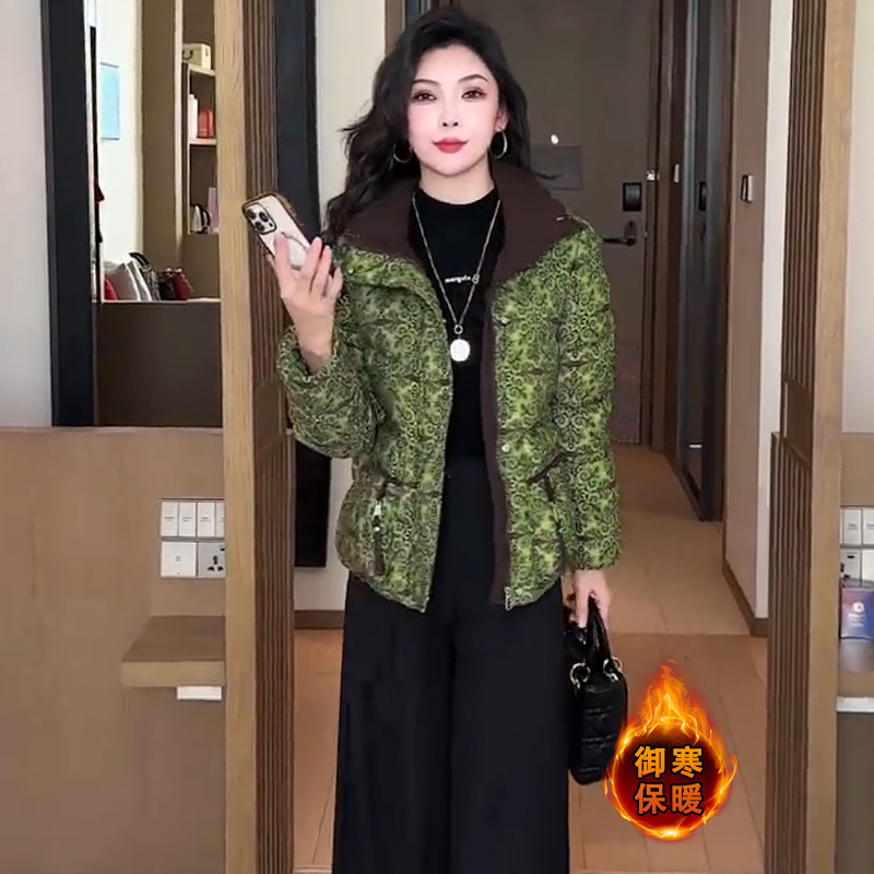 时尚撞色立领印花短款外套女2025冬季新款洋气减龄显瘦休闲棉服潮