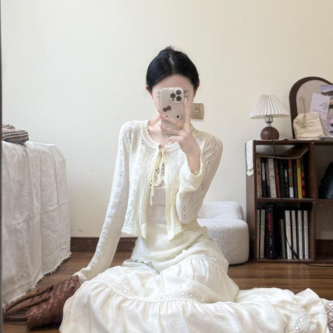 夏季温柔风百搭开衫外套吊带上衣高腰拼接花边半身裙大摆a长裙女