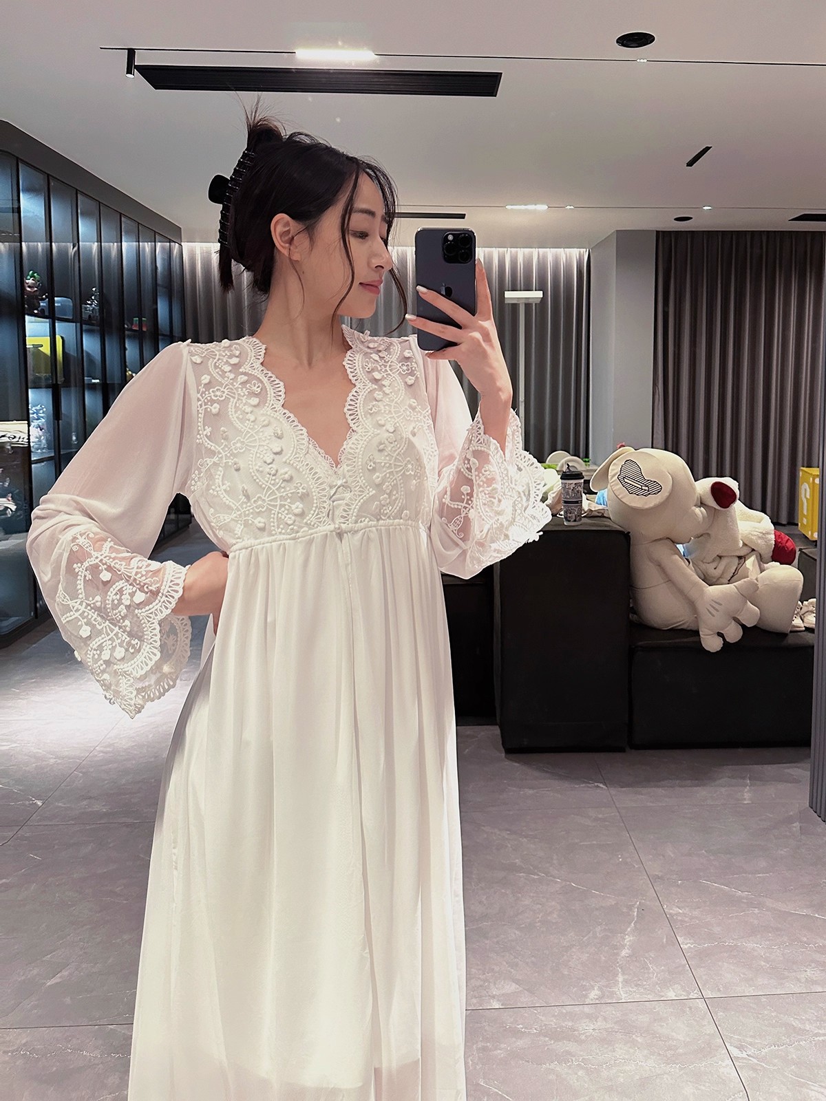 睡裙女款爆款2025新款性感薄款春夏长袖网纱睡衣带胸垫吊带两件套