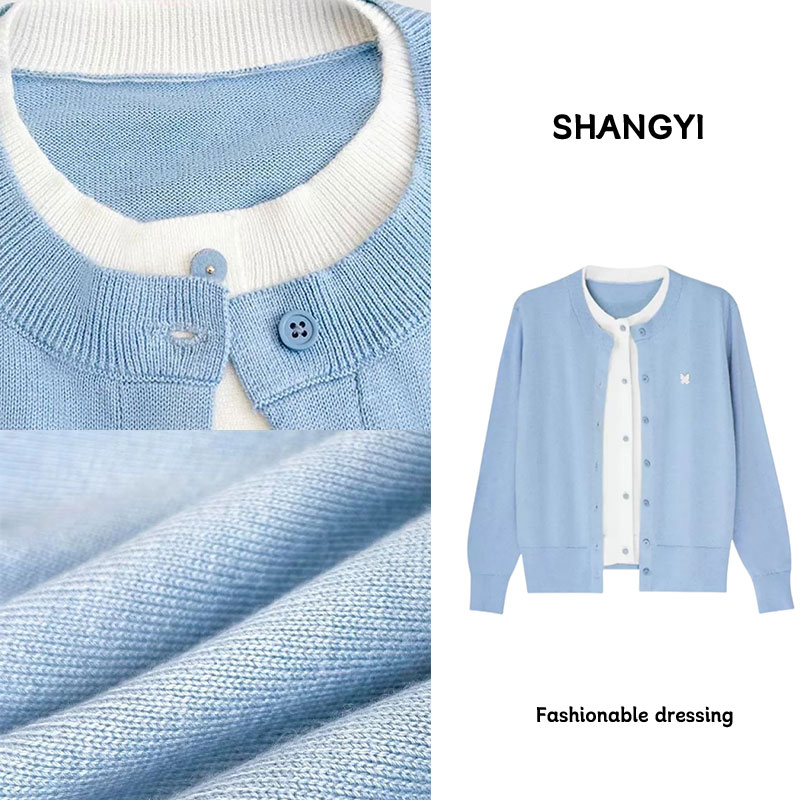 蓝白色假两件针织开衫女春季时尚穿搭长袖时尚洋气通勤外套上衣