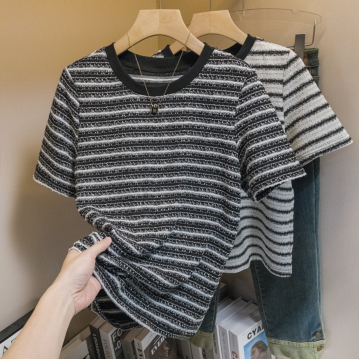 yoewshean/羽媗夏季微胖mm大码女装小香风ins条纹正肩显瘦短袖t恤