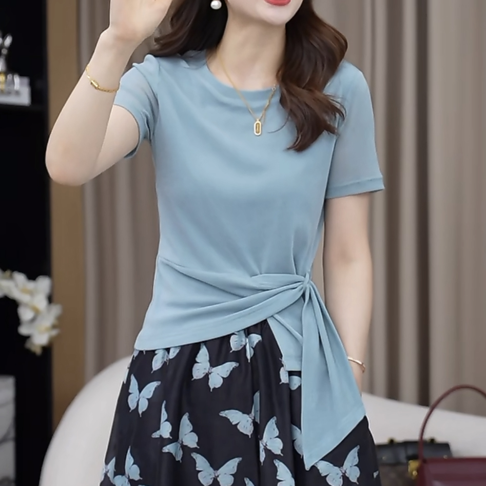 欧货大牌高端蓝色圆领不规则系带短袖2025年夏季新款宽松上衣女潮