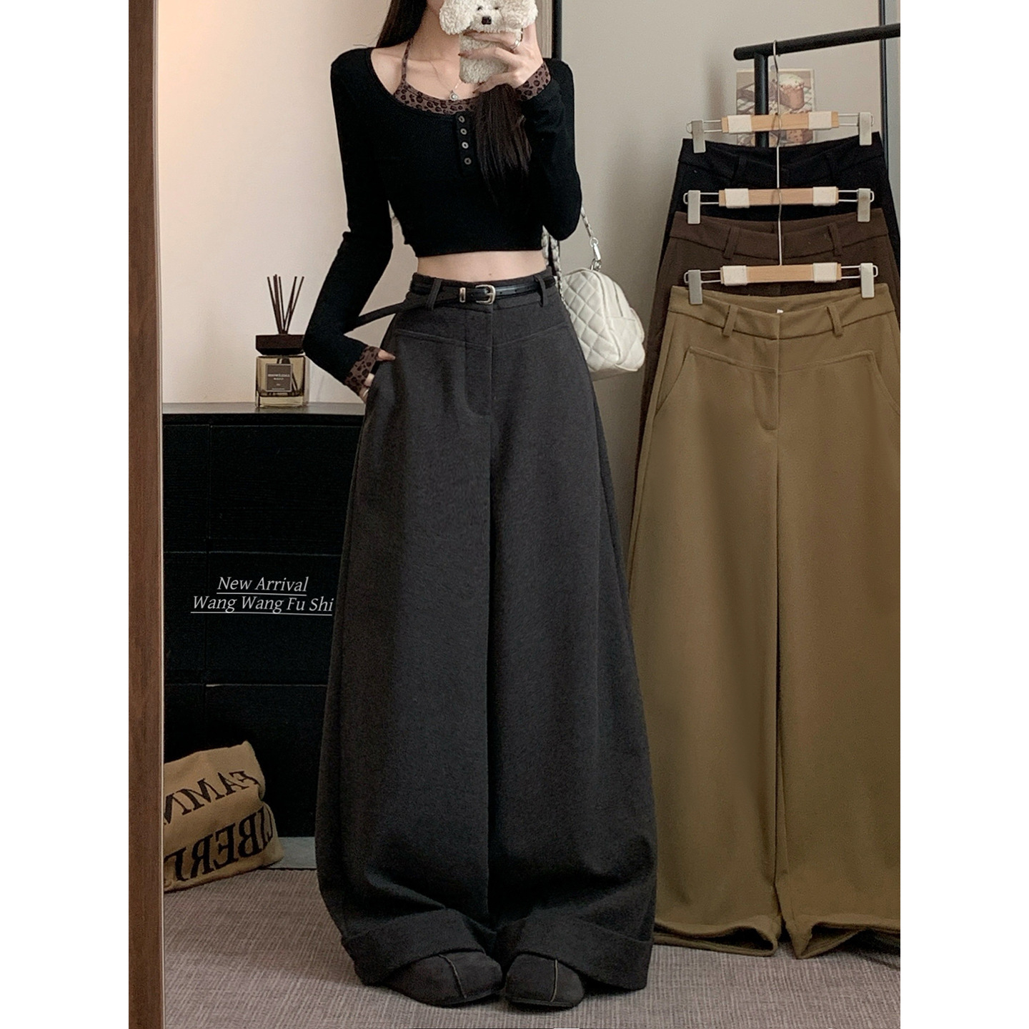 实拍 2025秋冬新款韩板韩系呢子休闲阔腿裤子女宽松卷边休闲裤女