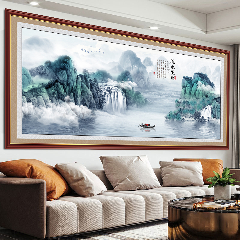 客厅山水画3d立体墙贴沙发背景壁画自粘装饰画流水生财墙壁贴纸画