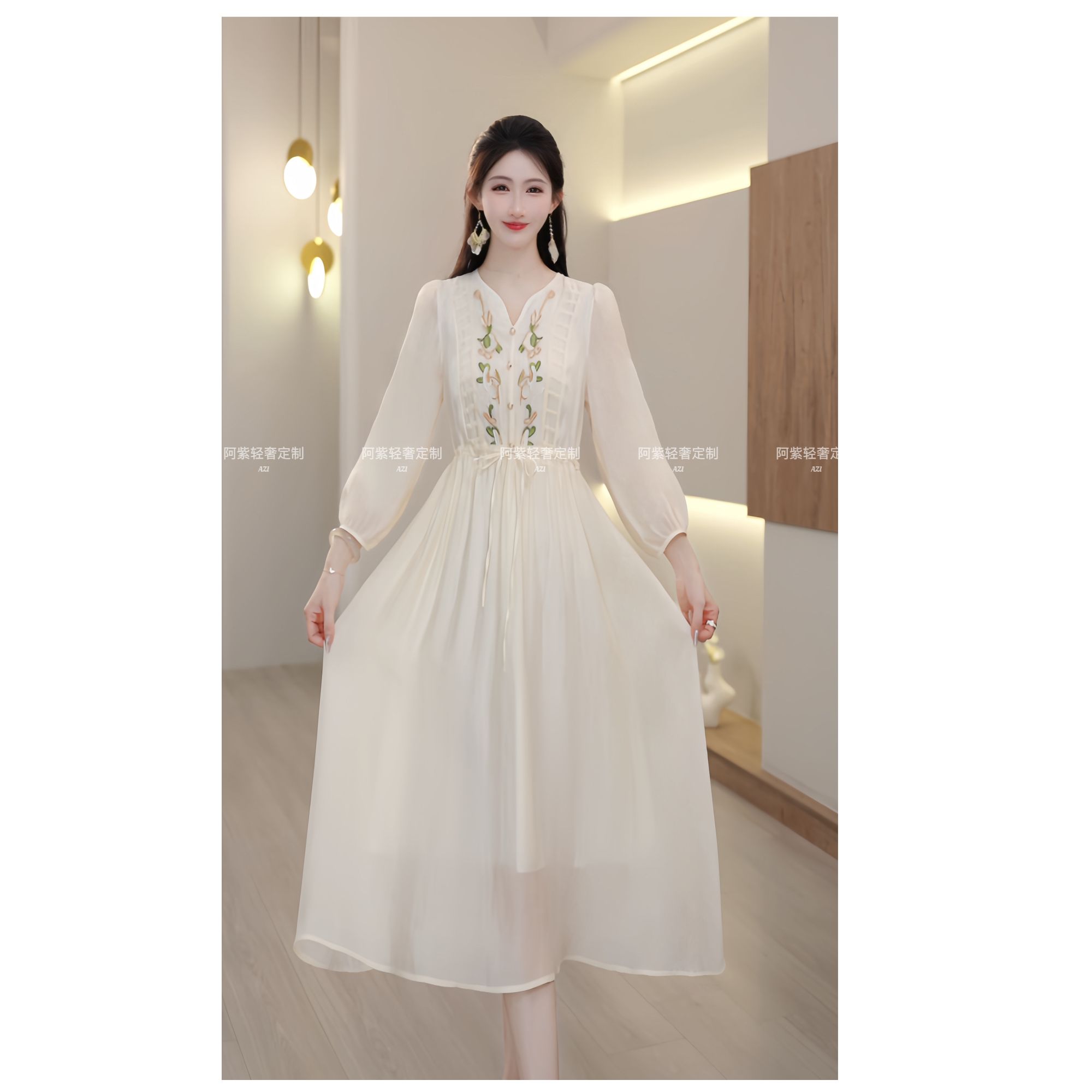【阿紫定制】天丝麻重工刺绣连衣裙2025新款显瘦气质绣花长裙A363