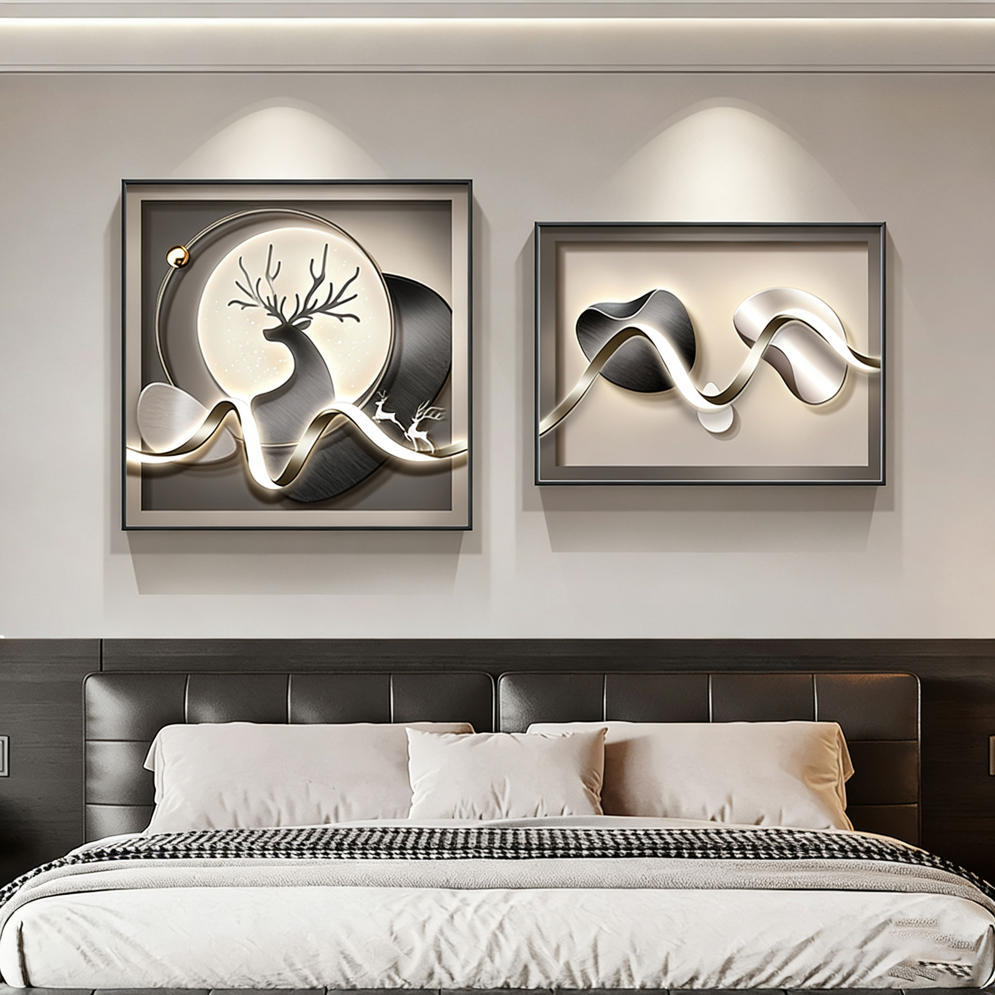 卧室床头装饰画现代简约主卧挂画餐厅画鱼石来运转客厅墙画招财鹿