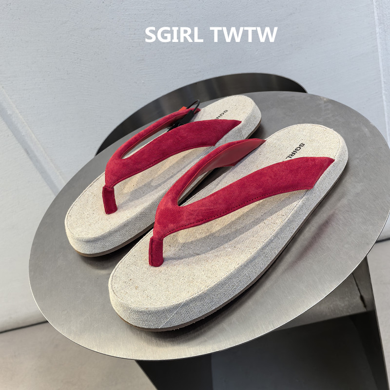SGIRL TWTW2025年夏季新款真皮平底柔软防滑夹趾休闲凉拖鞋人字拖