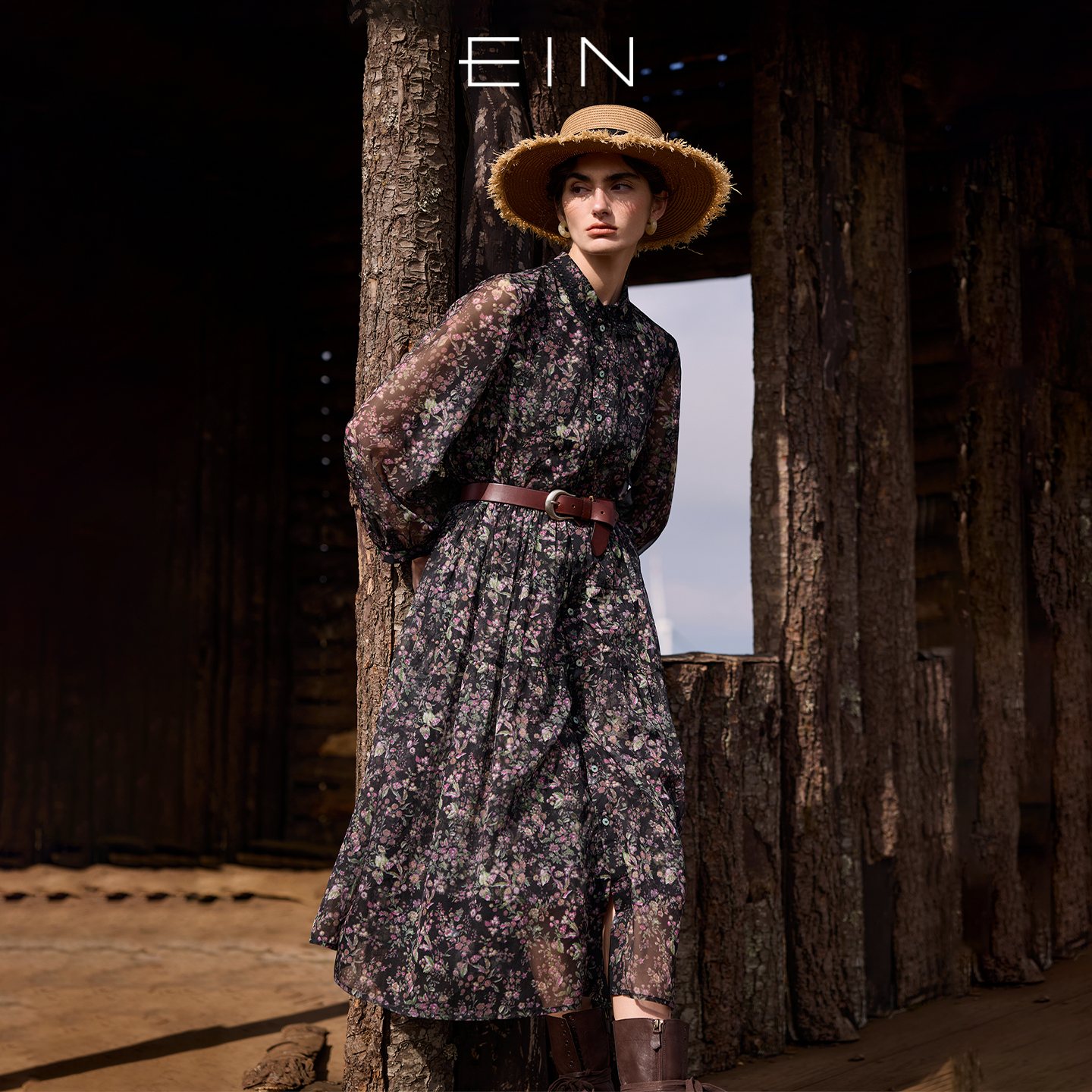 EIN/言浪漫碎花印花蕾丝翻领长灯笼袖文艺雪纺连衣裙夏季新款