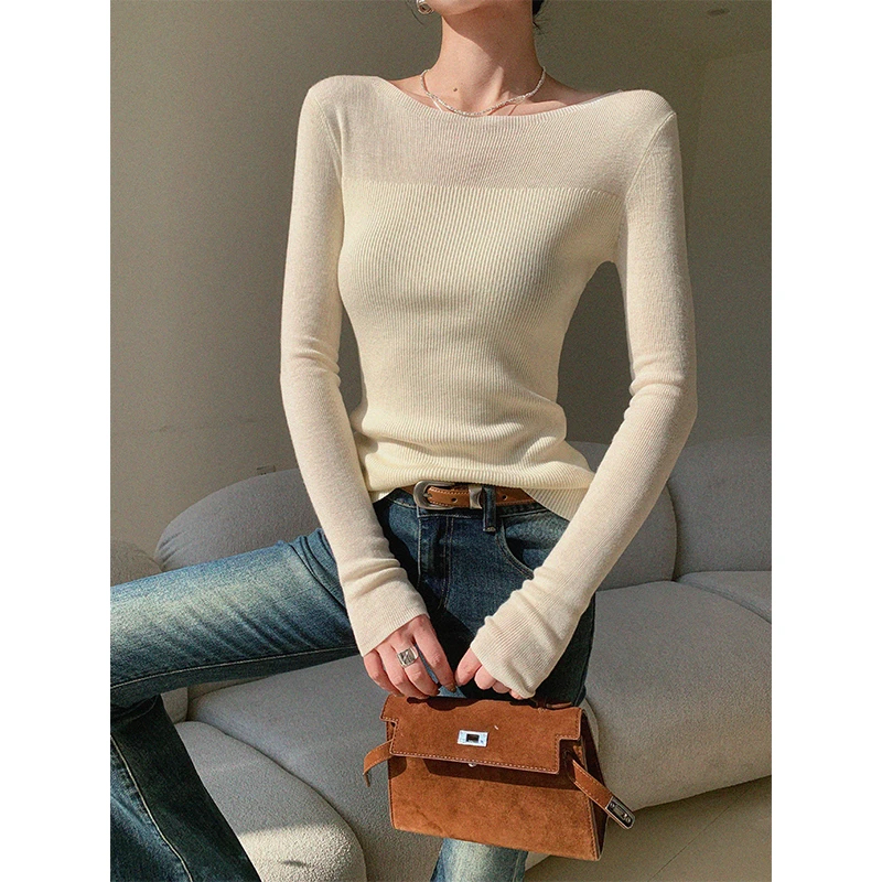 米色长袖针织衫女早秋2025修身显瘦设计感打底衫上衣