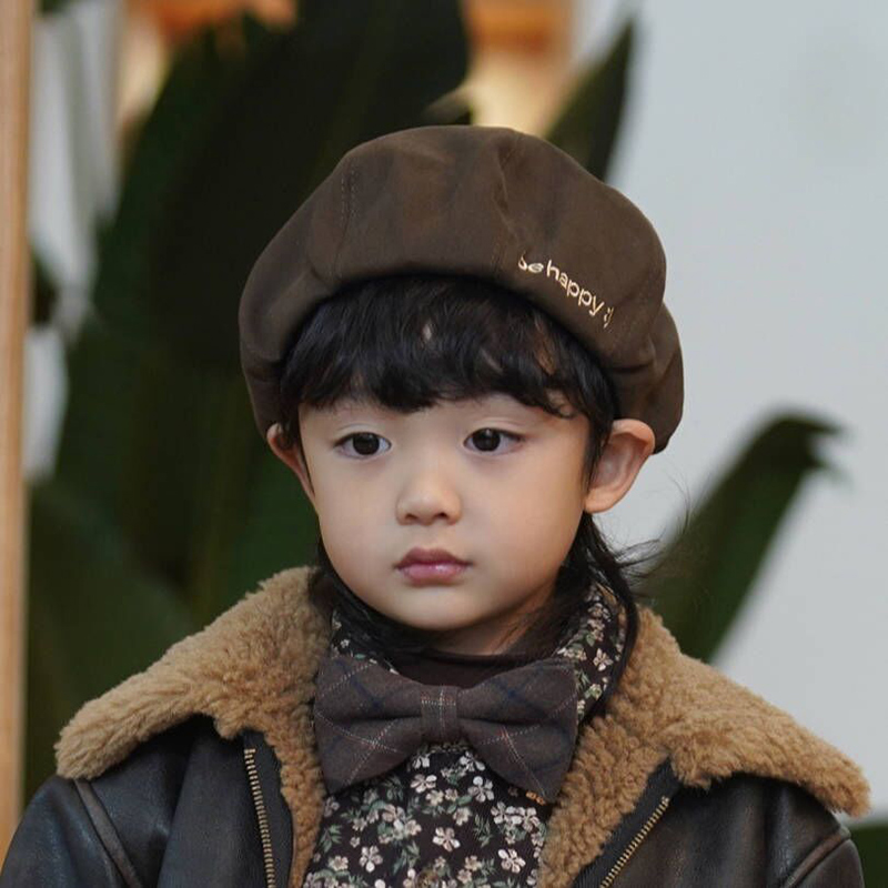 砚台家童装复古字母刺绣儿童贝雷帽男女童南瓜帽子宝宝洋气秋冬款