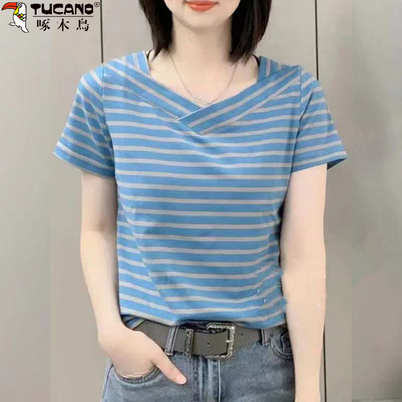 啄木鸟减龄条纹时尚纯棉休闲V领t恤女短袖夏季宽松百搭显痩体恤衫