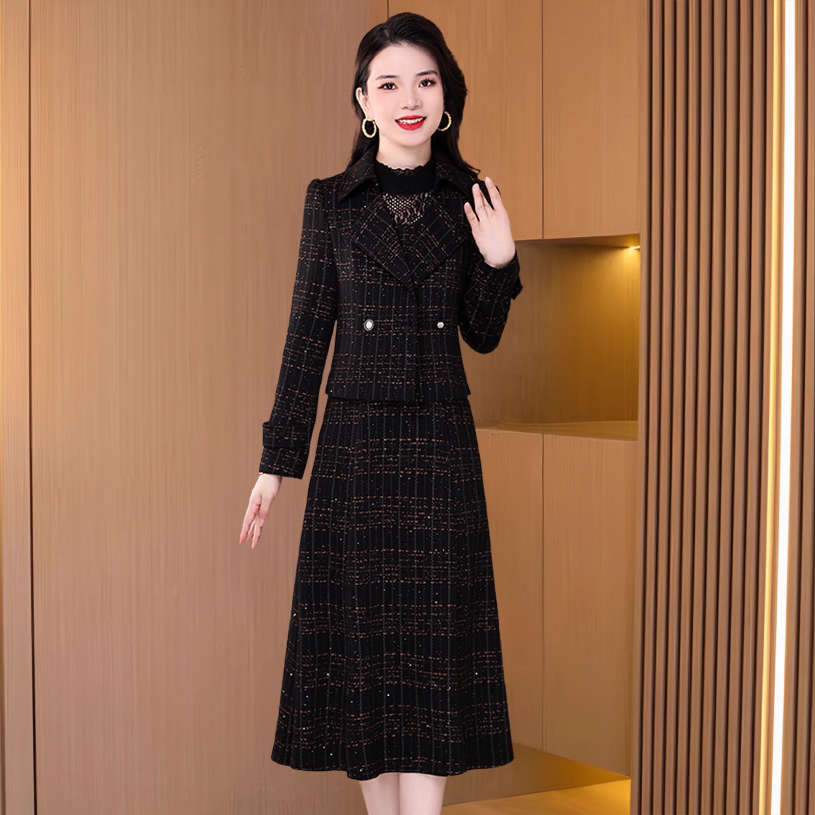 拉夏贝尔小香风两件套装连衣裙2025新款女春秋喜婆婆婚宴妈妈礼服