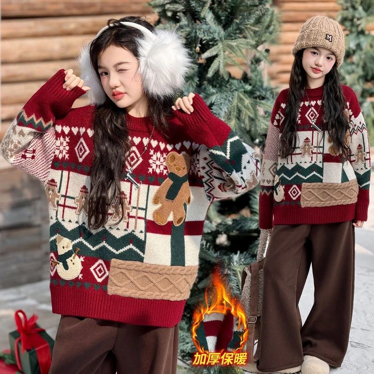女童圣诞毛衣秋冬装2025新款女孩大童超好看针织衫儿童加厚打底衫