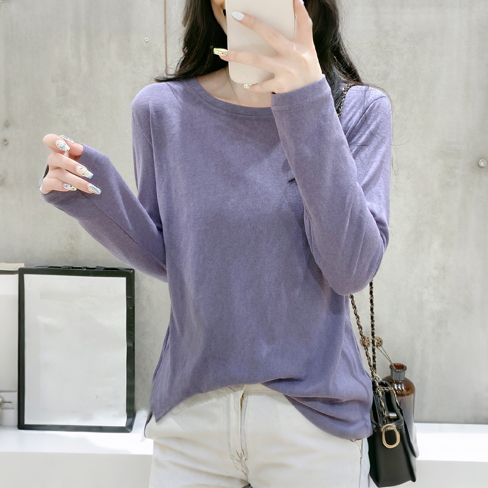 早秋新款薄款雪花棉长袖T恤女宽松休闲圆领舒适慵懒打底衫上衣潮