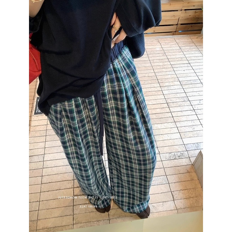 露思同款松弛感格纹阔腿裤女秋冬季磨毛加绒高腰显瘦垂软直筒长裤