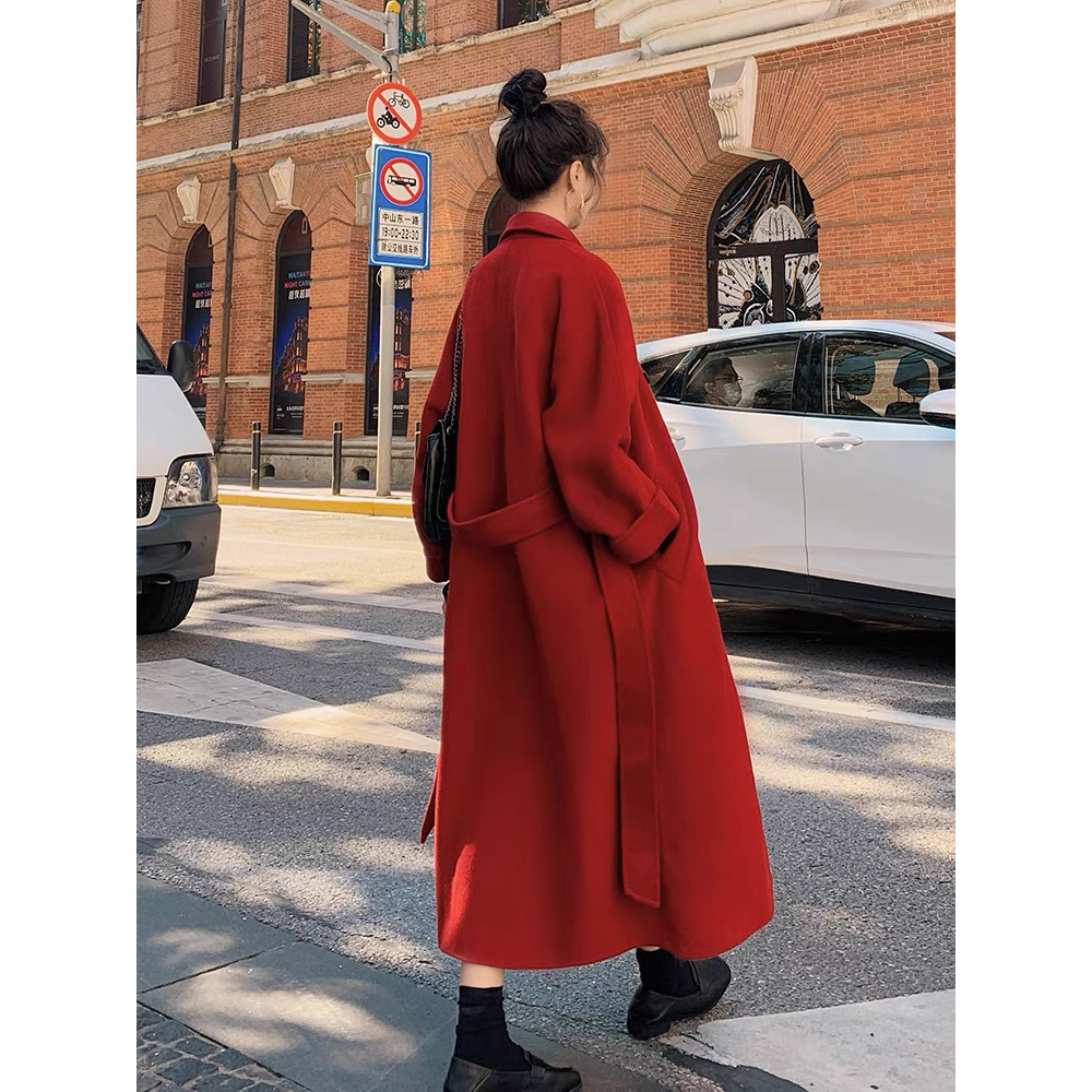安可拉红色毛呢外套女秋冬中长款加棉加厚2025新款高级感呢子大衣