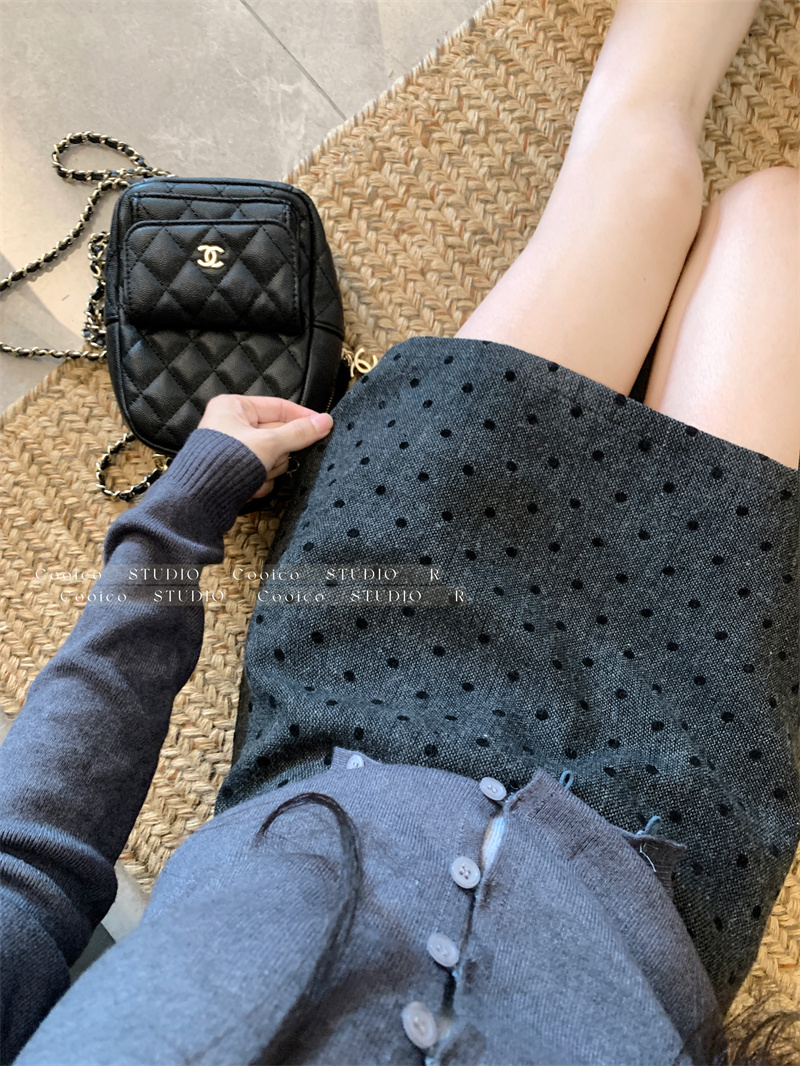 洋气衣服女法式灰色气质复古小众波点高腰半身裙秋冬防走光设计感