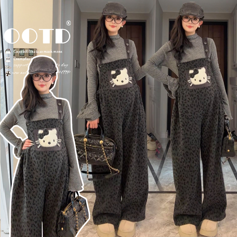 孕妇装秋冬款时尚宽松针织喇叭袖上衣加绒洋气豹纹小猫背带裤套装