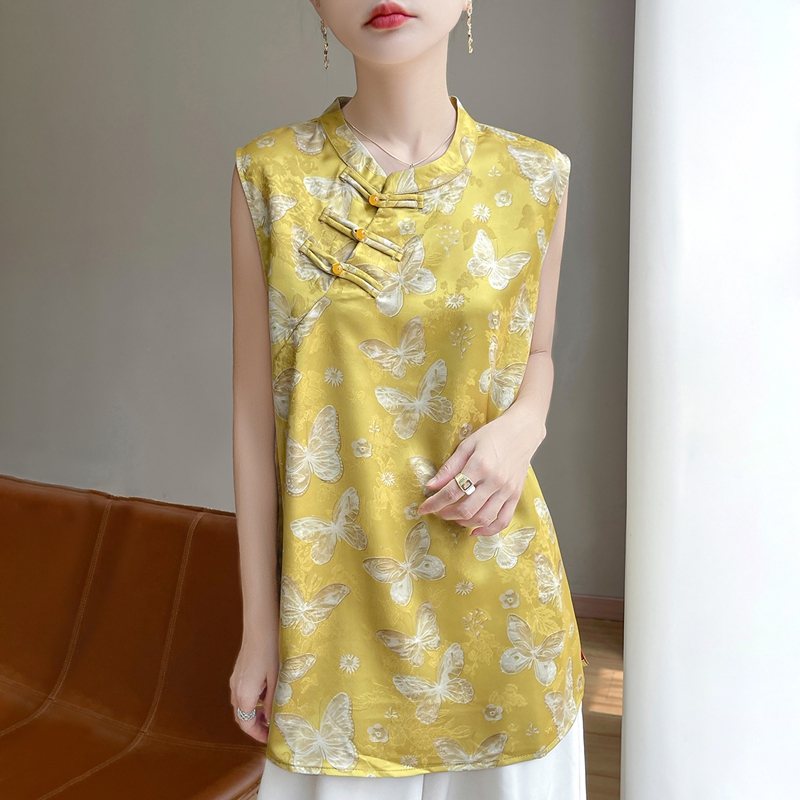 【蝴蝶泉边】新中式国风圆领蝴蝶无袖水洗衬衫女夏季新款百搭无袖衫