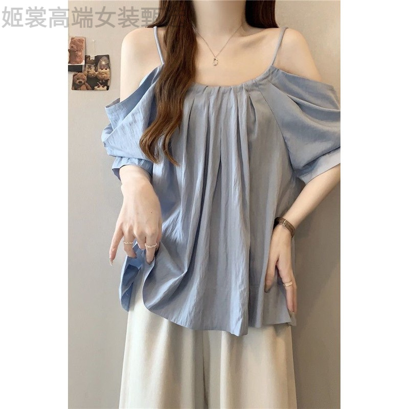 大码微胖妹妹时尚气质抽绳吊带一字肩短袖衬衫女夏季减龄百搭上衣