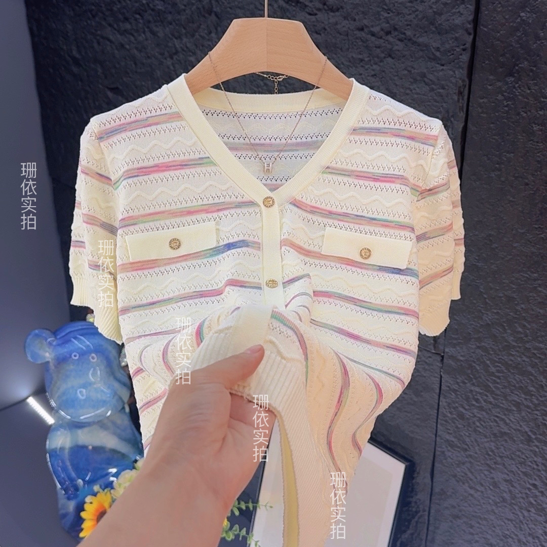 宽松显瘦【80-180斤】冰丝短袖女小香风假开衫V领气质镂空薄款A99