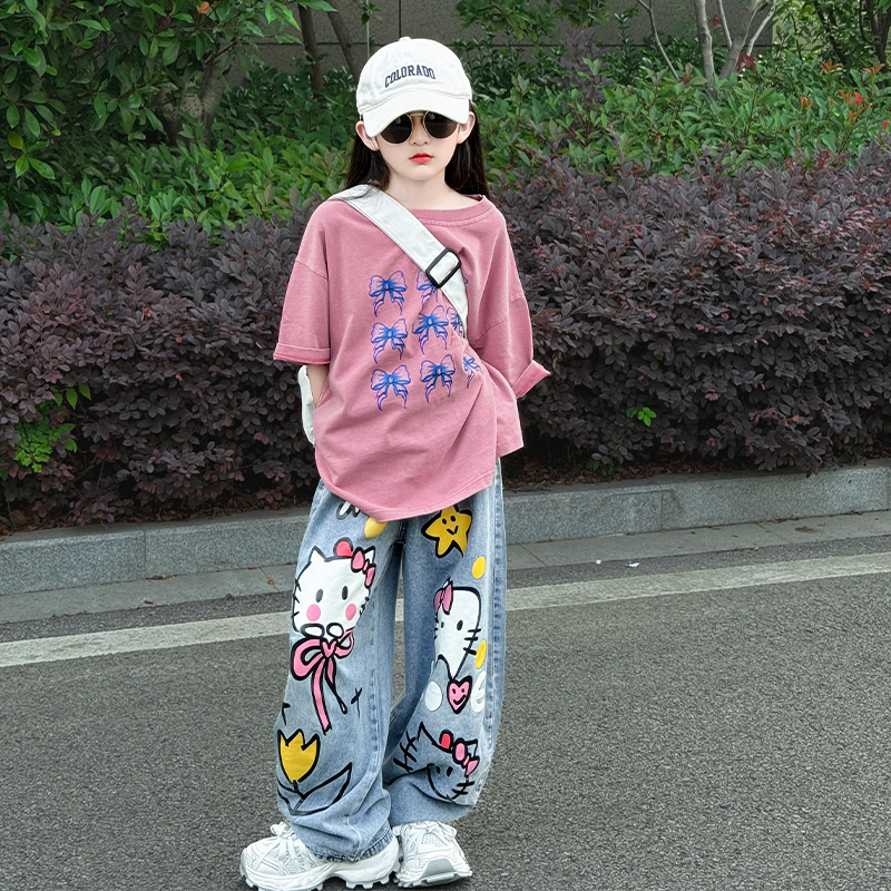 女童夏季短袖套装2025新款洋气宽松T恤儿童卡通牛仔直筒裤两件套