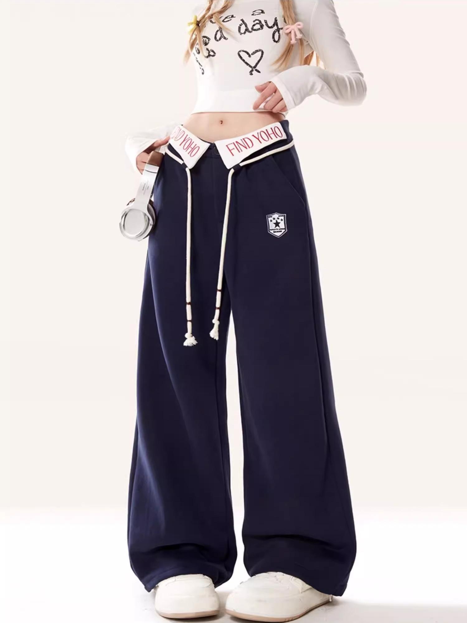 潮牌设计感美式运动卫裤女秋冬款藏蓝色宽松显瘦百搭阔腿休闲裤子