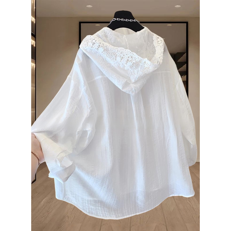 法式时尚白色蕾丝连帽衬衫女2025夏季薄款慵懒风宽松防晒休闲上衣