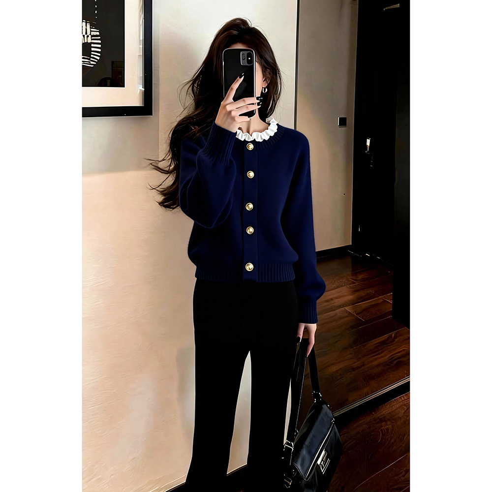 韩系秋冬穿搭设计感小众针织衫女高级感小香风藏蓝色毛衣上衣爆款