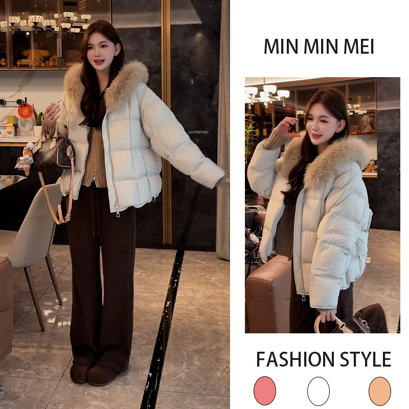 韩系慵懒风2025年新款加厚连帽毛领棉服外套搭配显瘦加绒卫裤套装