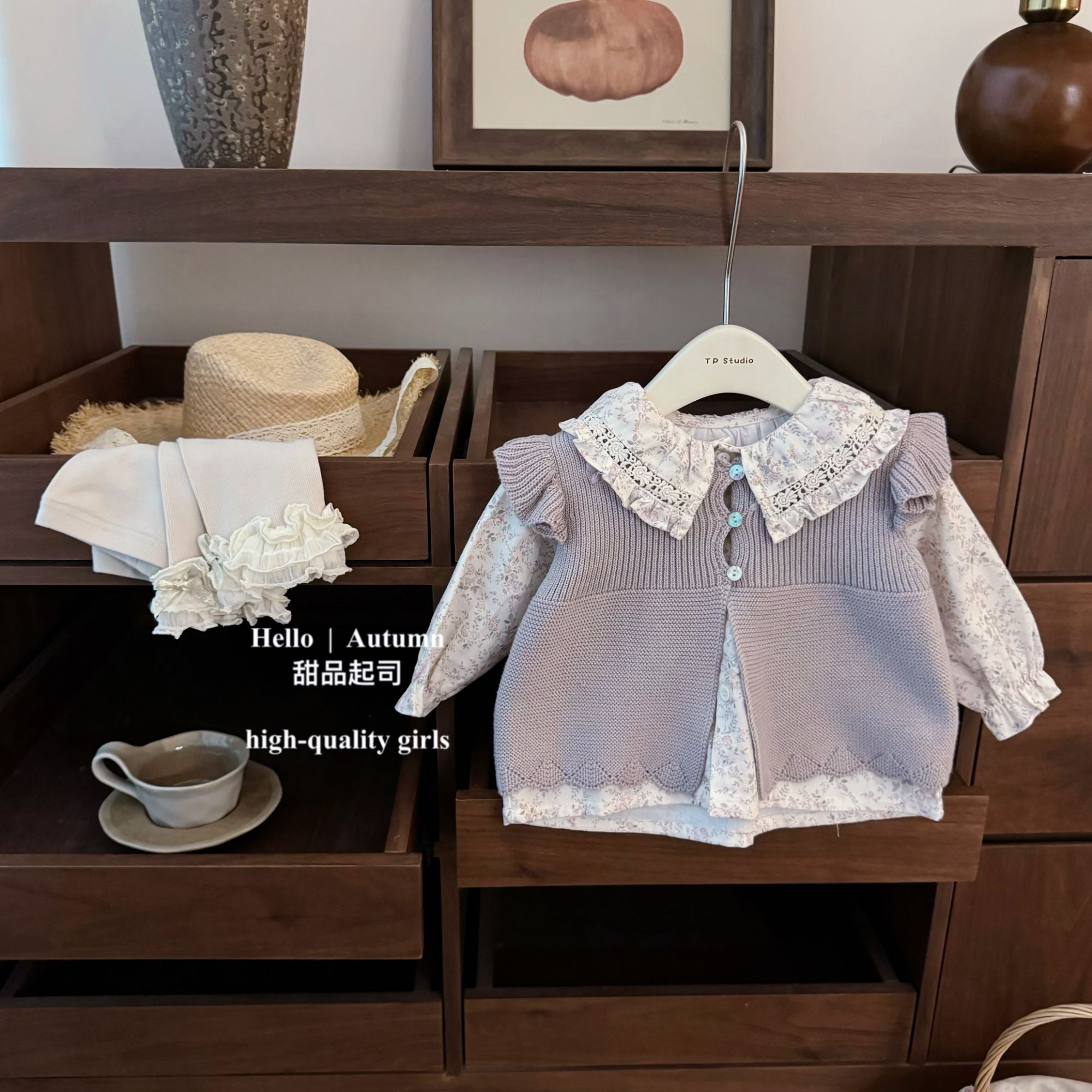 【甜品起司】超美！韩系女宝宝秋冬开襟飞飞袖淡紫色马甲绣花小背心