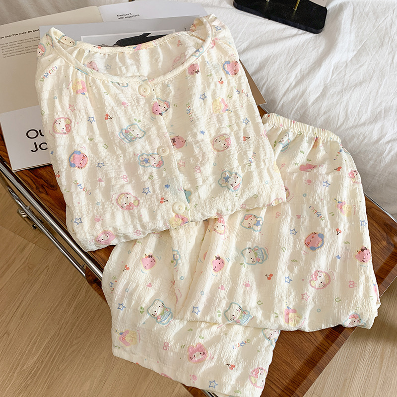 带胸垫甜美卡通可爱睡衣女春秋季圆领长袖长裤少女新款家居服套装