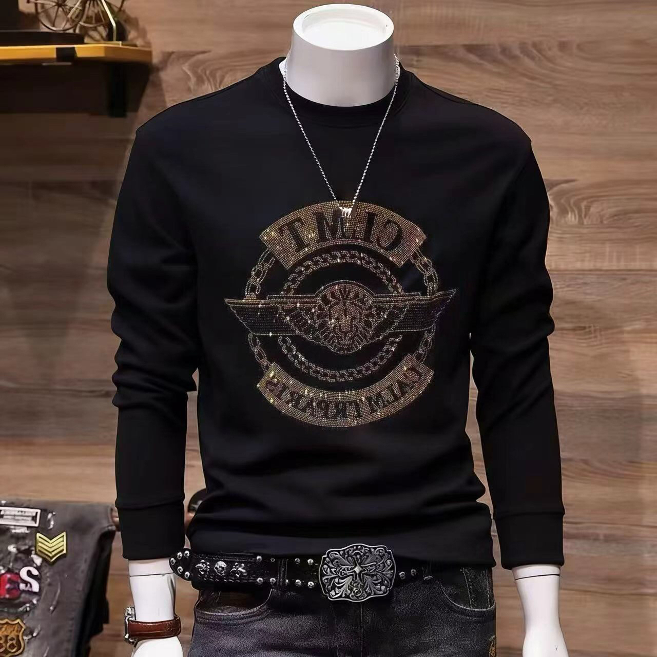 秋冬男士重工烫钻长袖T恤欧货时尚帅气圆领卫衣休闲轻奢外套男装