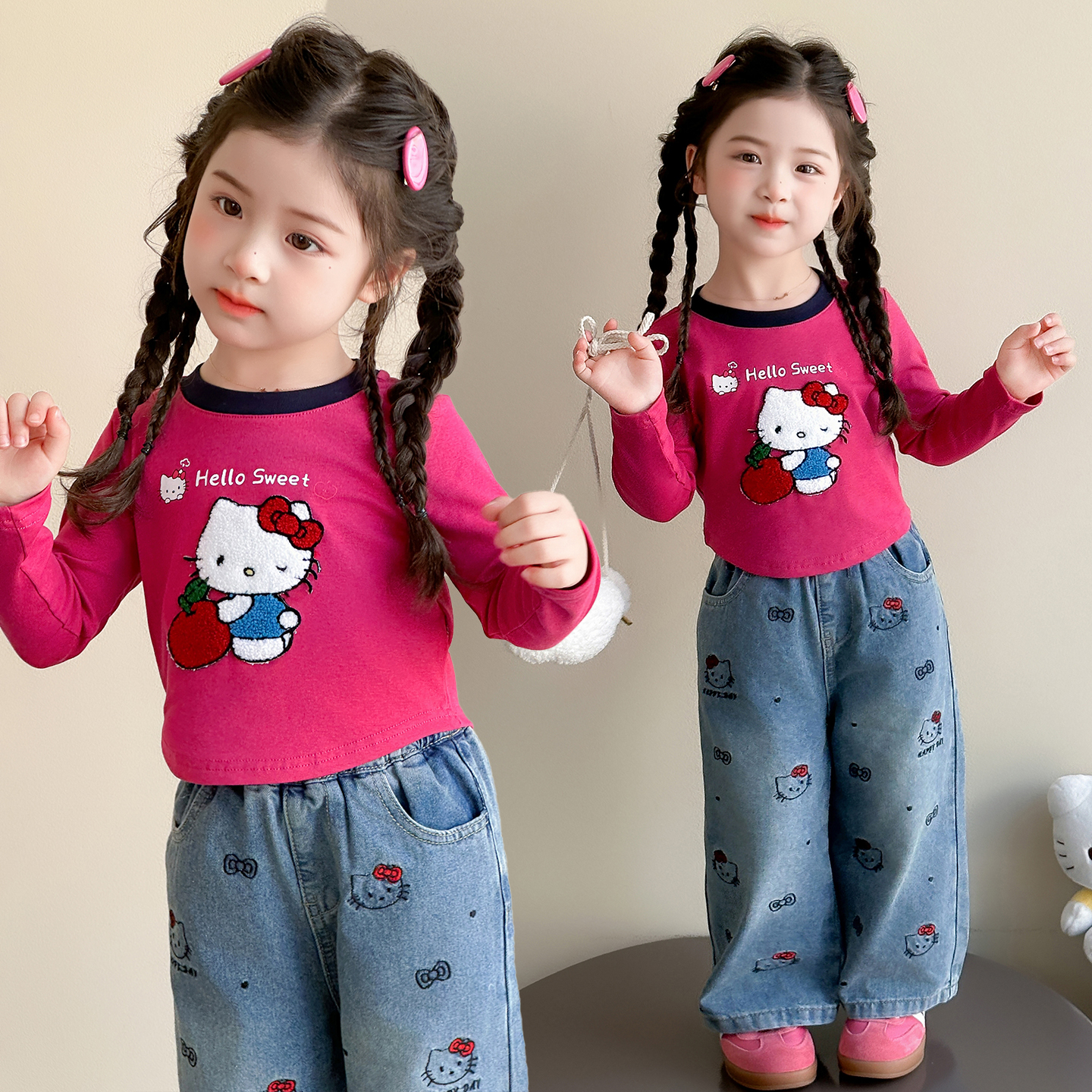 女童套装洋气卡通儿童牛仔直筒裤两件套小女孩宝宝春秋装2025新款