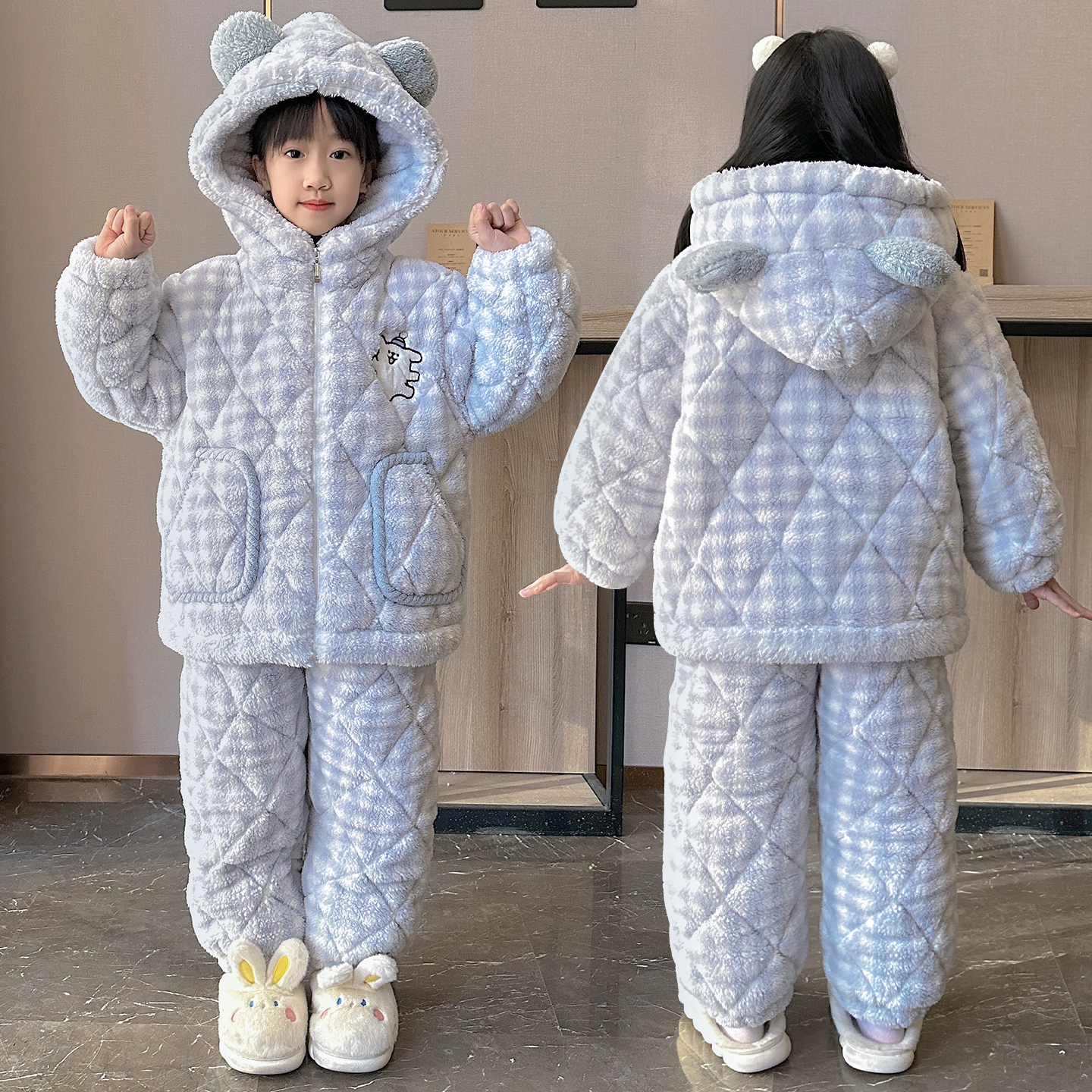 女童冬季睡衣三层夹棉法兰绒大童洋气套装儿童加绒加厚公主家居服