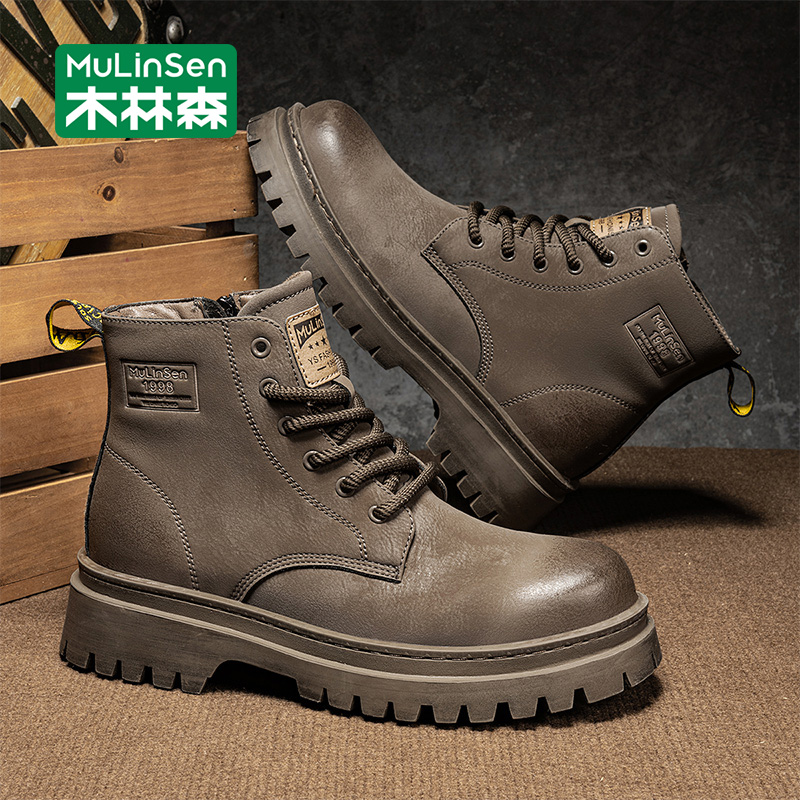 木林森男鞋2025新款秋季复古高帮英伦风休闲运动工装马丁靴男款