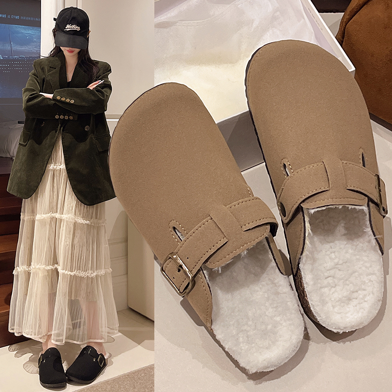 复古包头半拖鞋女外穿2025年秋冬新款扣带一脚蹬软木厚底勃肯鞋