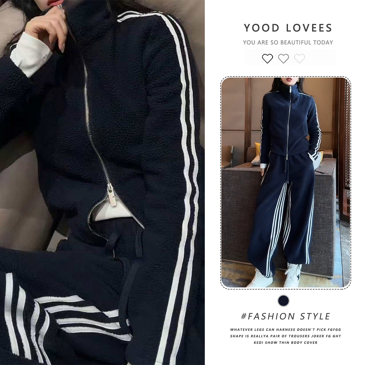 2025冬装搭配时尚套装时髦高级感深蓝色立领修身开衫阔腿裤两件套