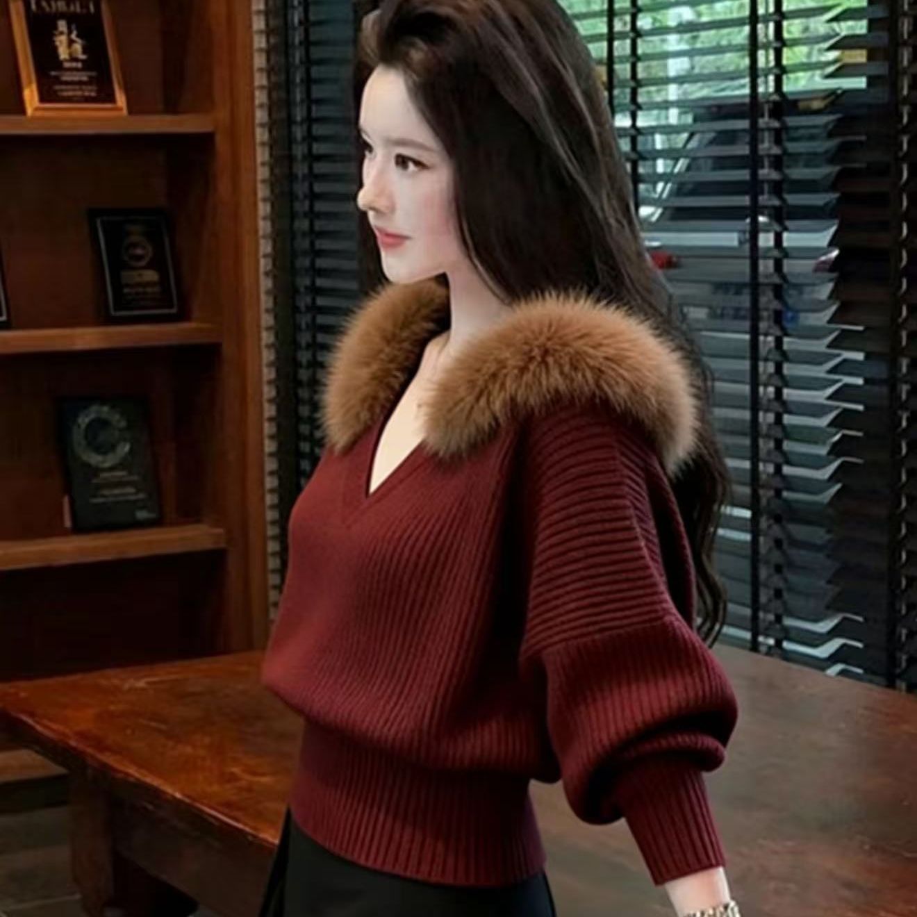 【毛领可拆】2025新款秋冬轻熟风V领针织衫女慵懒风高级感毛领毛衣