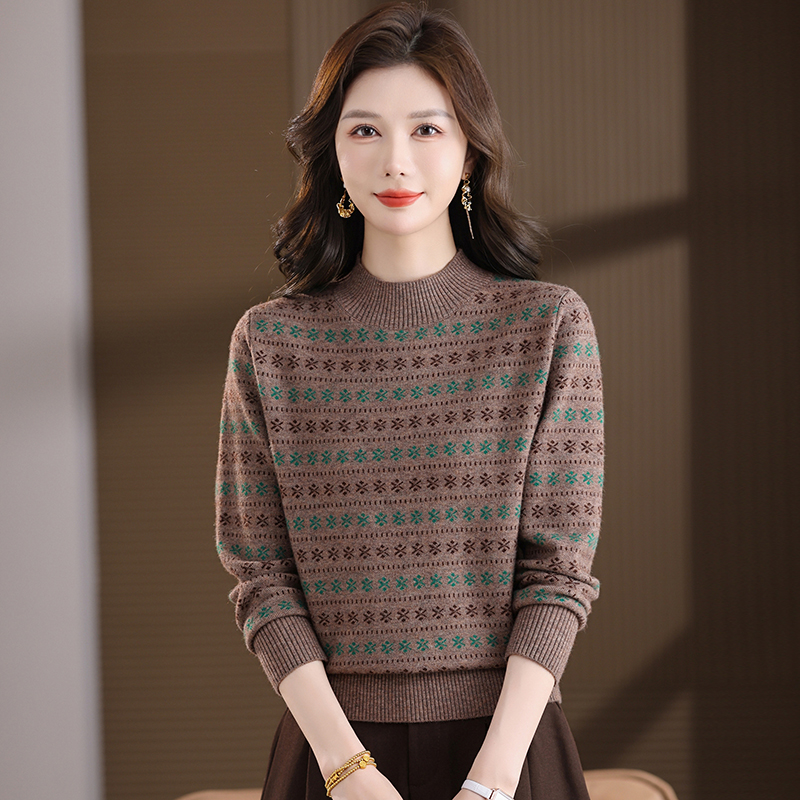 【羊毛衫】新款秋冬女士半高领长袖洋气提花宽松显瘦厚款保暖毛衣